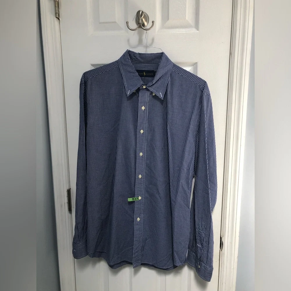 Polo Ralph Lauren Button Shirt Blue White Gingham Plaid Mens Red Pony XL Cotton